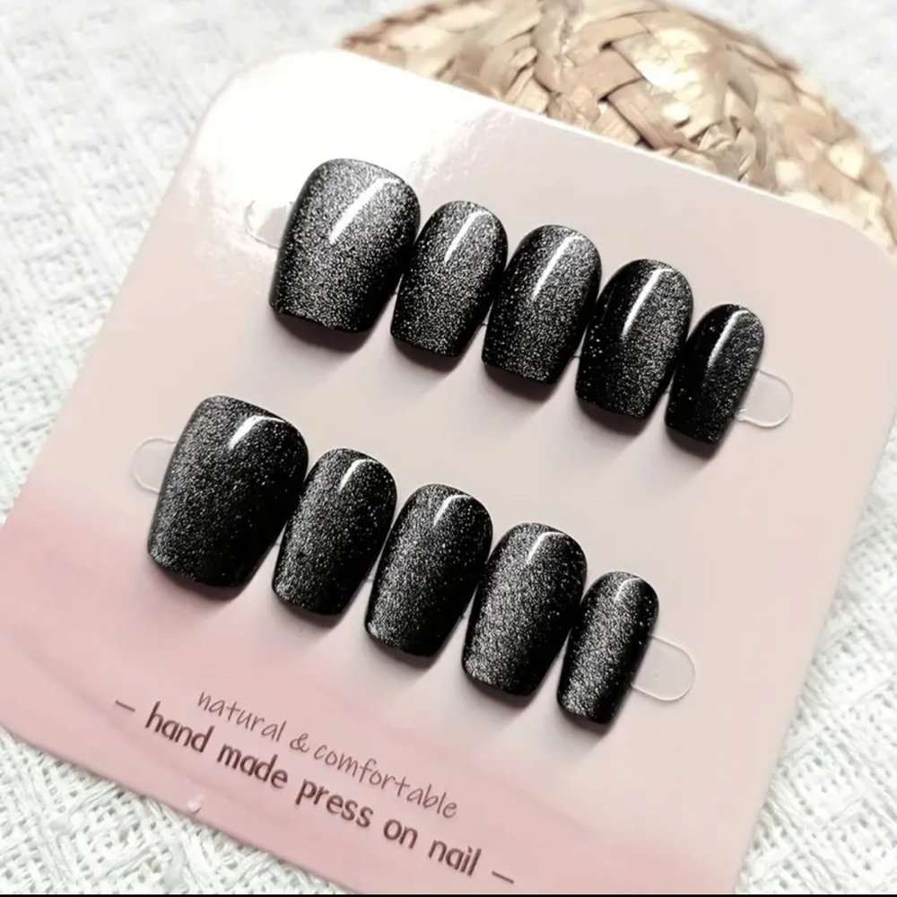 Black Glitter Jelly Press-On Nails Reusable 10 pc Medium Short NWT - Picture 3 of 9